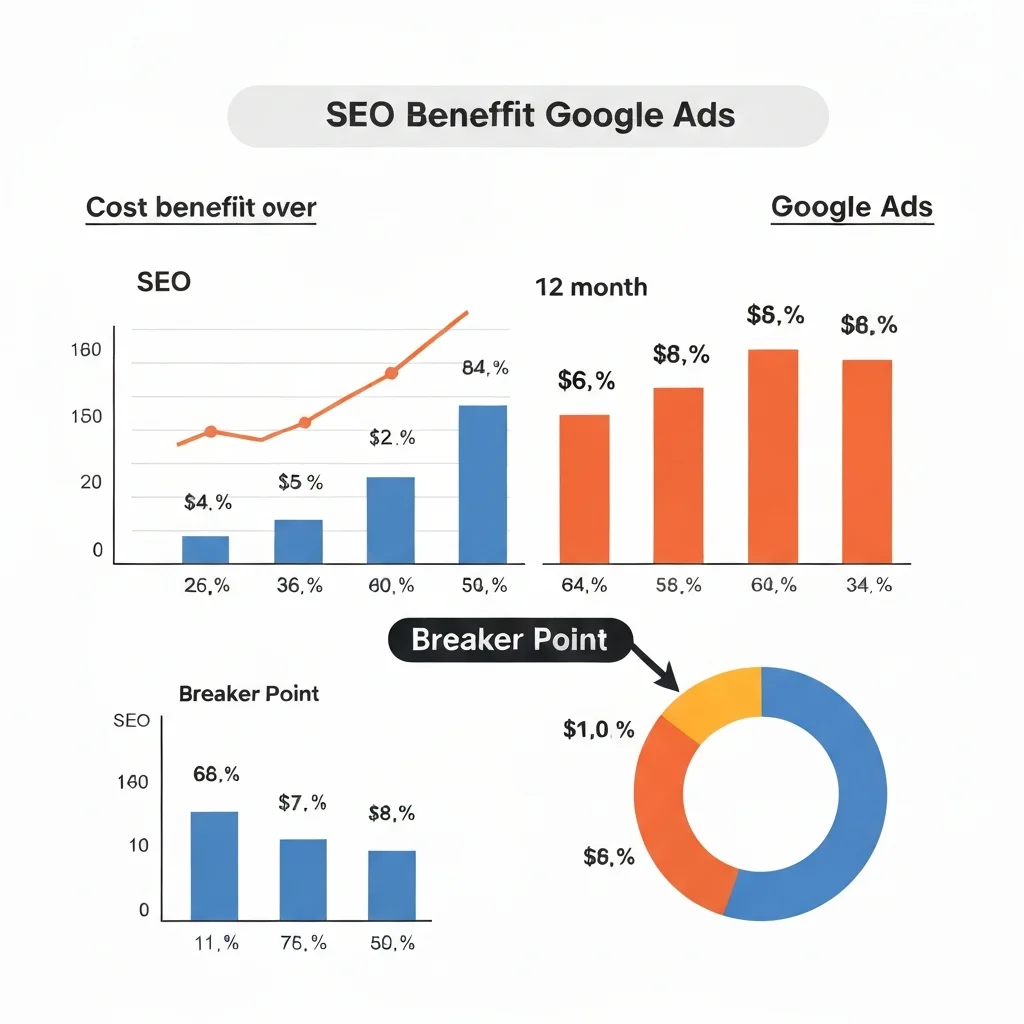 Comparaison des coûts SEO et Google Ads sur 12 mois avec point de rentabilité