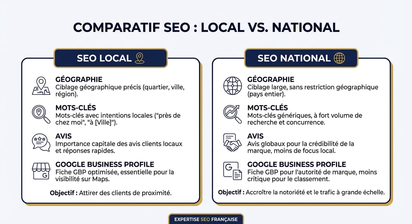 Comparatif visuel entre le SEO local et le SEO national