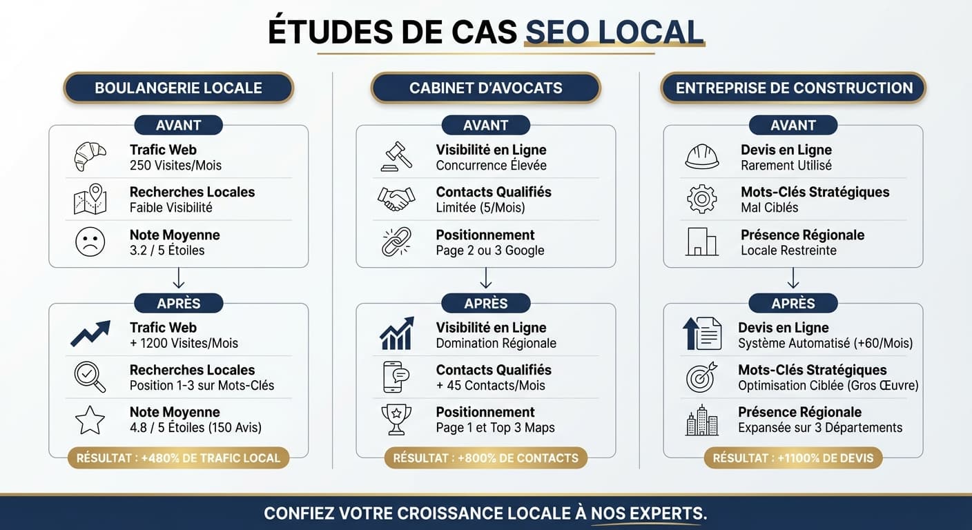 Trois exemples de résultats SEO local : boulangerie, cabinet d'avocats et PME du BTP