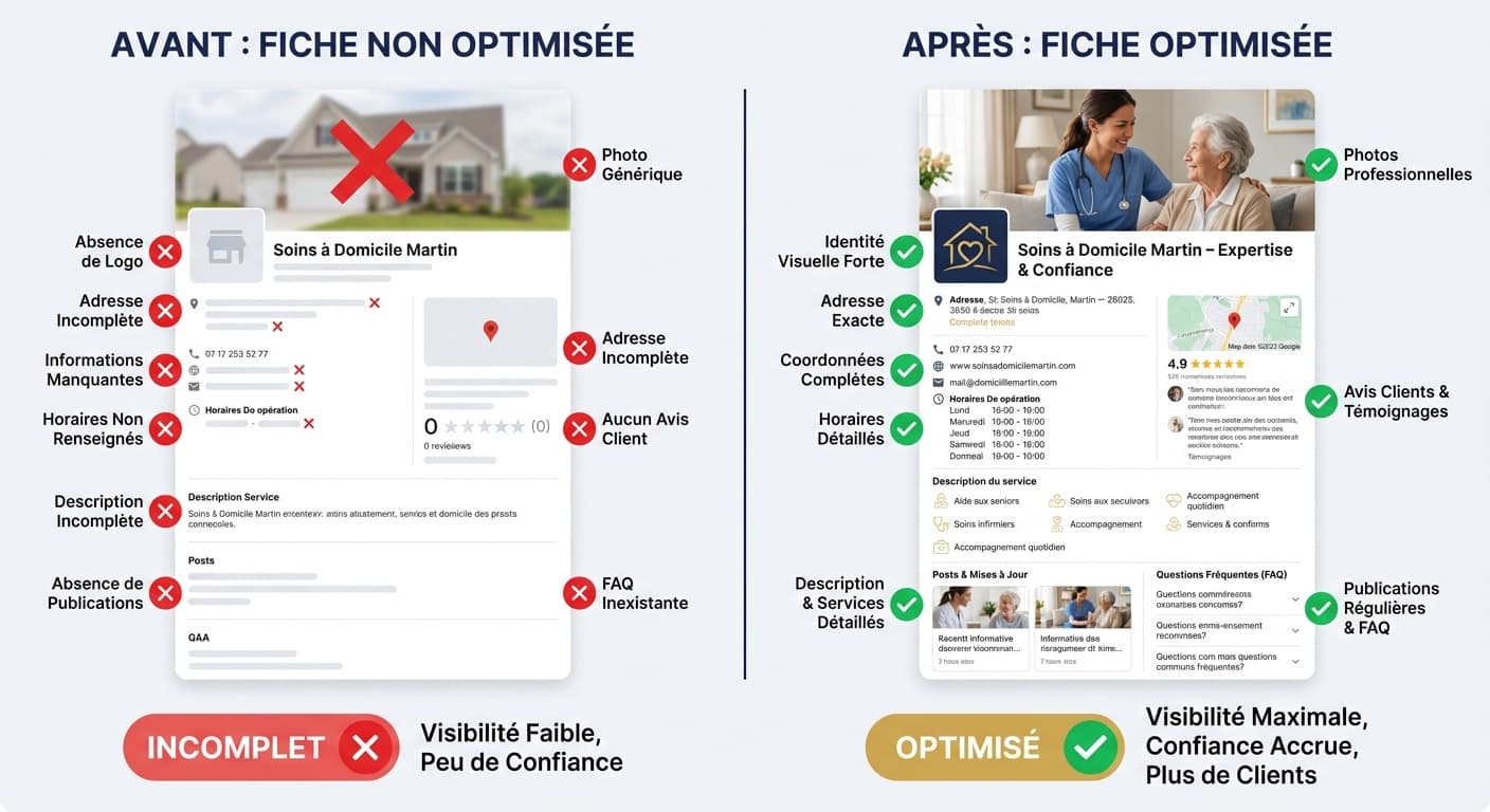 Avant-après : fiche Google Business Profile aide à domicile non optimisée vs optimisée