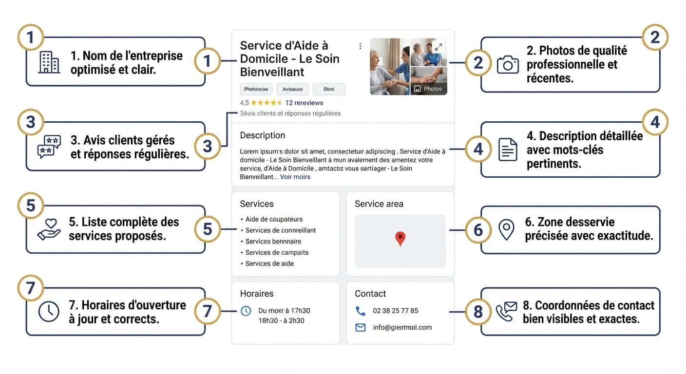 Les 8 zones à optimiser sur votre fiche Google Business Profile aide à domicile