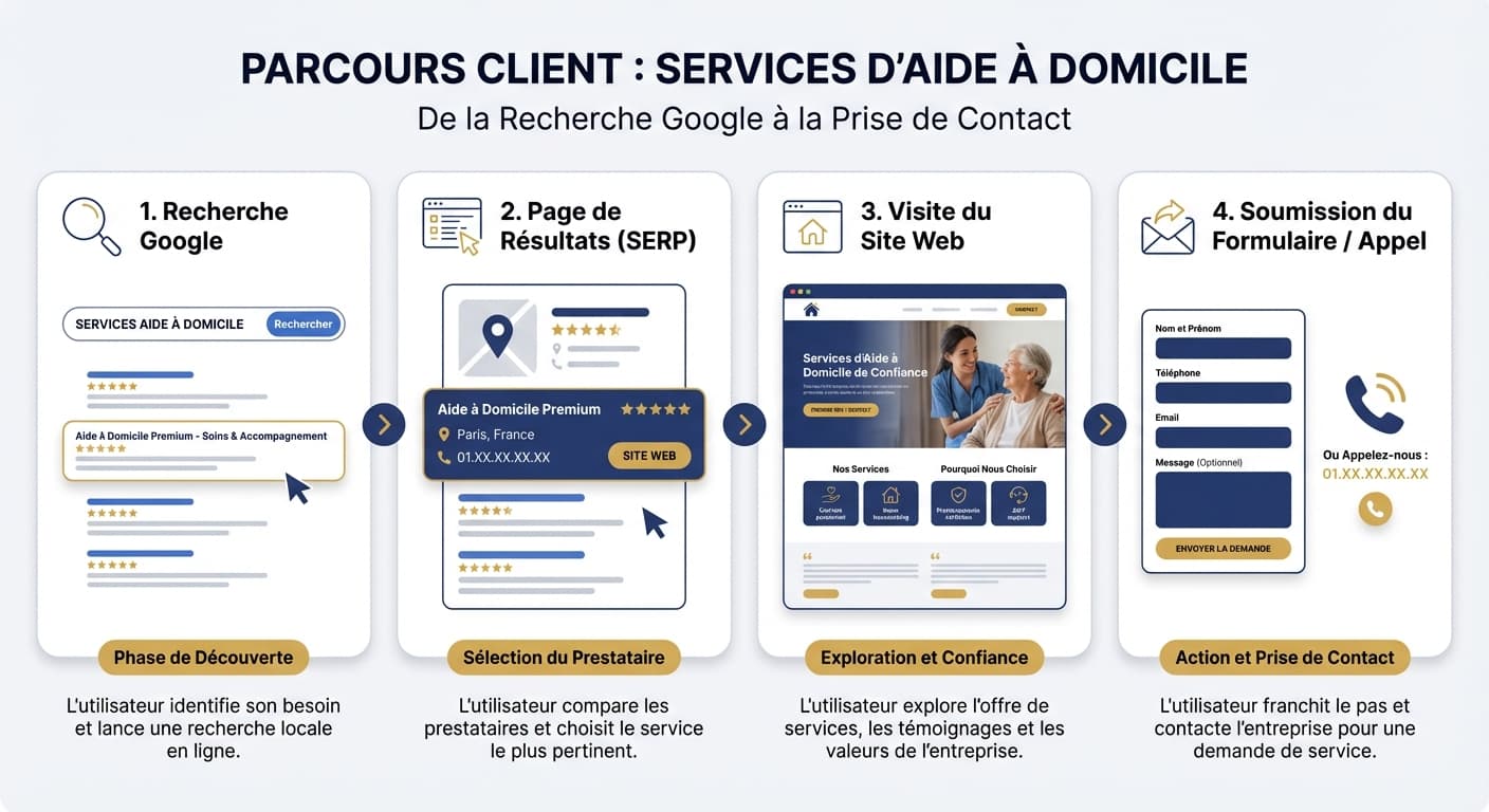 Parcours client aide à domicile : de la recherche Google au premier appel