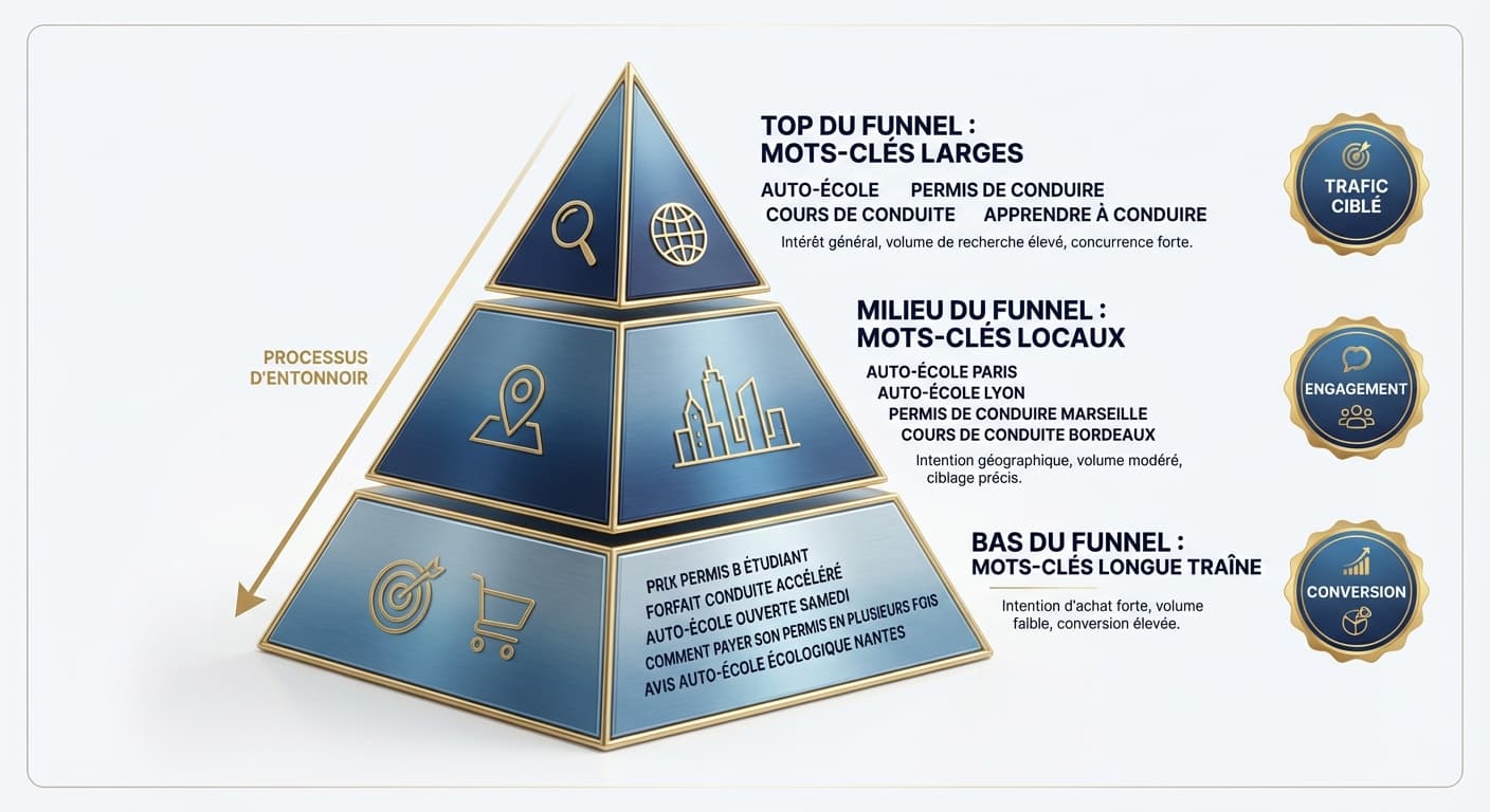 Pyramide des mots-clés pour une auto-école : du générique à la longue traîne
