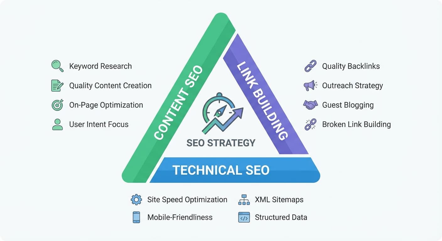 Les trois piliers du SEO : technique, contenu et netlinking en triangle d'interdépendance