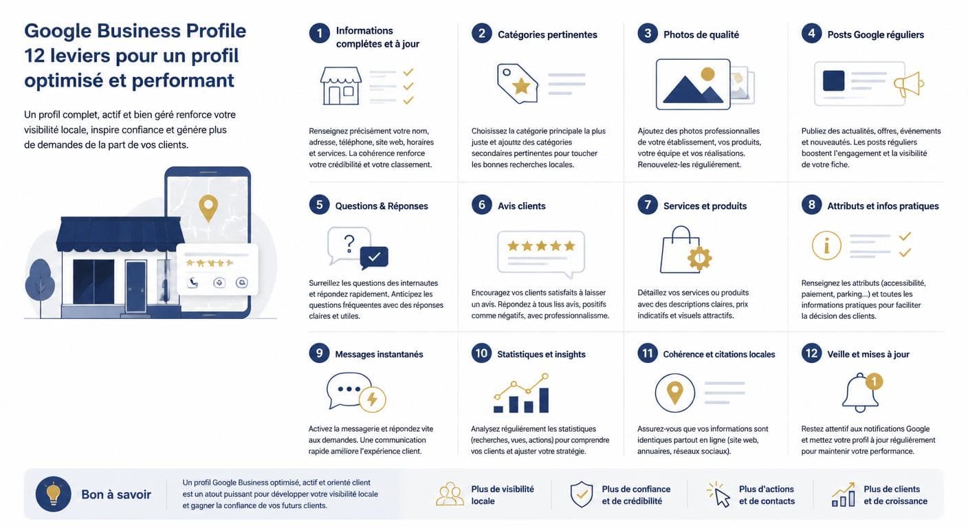 Infographie des 12 points clés pour optimiser sa fiche d'établissement Google