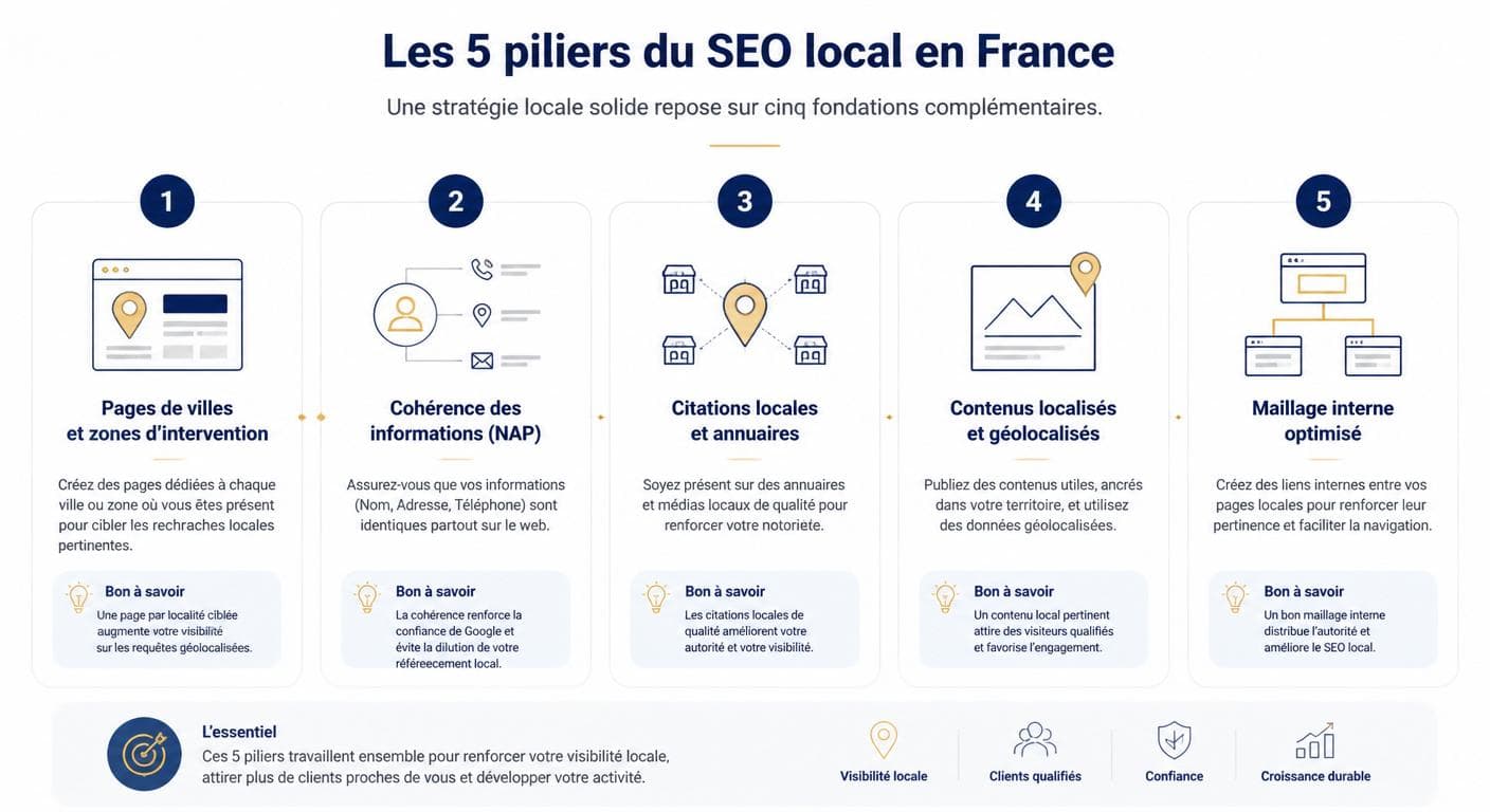 Infographie des 5 piliers du référencement local sur Google en France