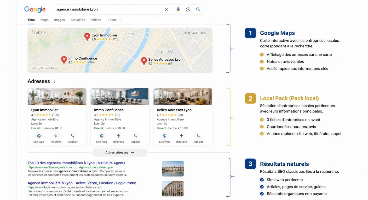 Schéma des trois zones où apparaître sur Google : Maps, Local Pack et résultats classiques