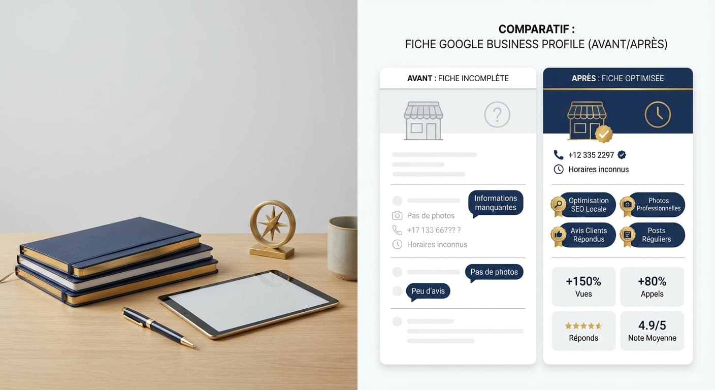Comparaison avant/après d'une fiche Google Business Profile incomplète vs optimisée