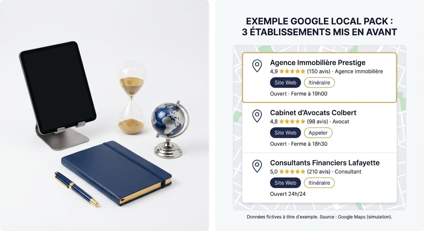 Exemple de résultat Google Local Pack : les 3 établissements mis en avant par Google