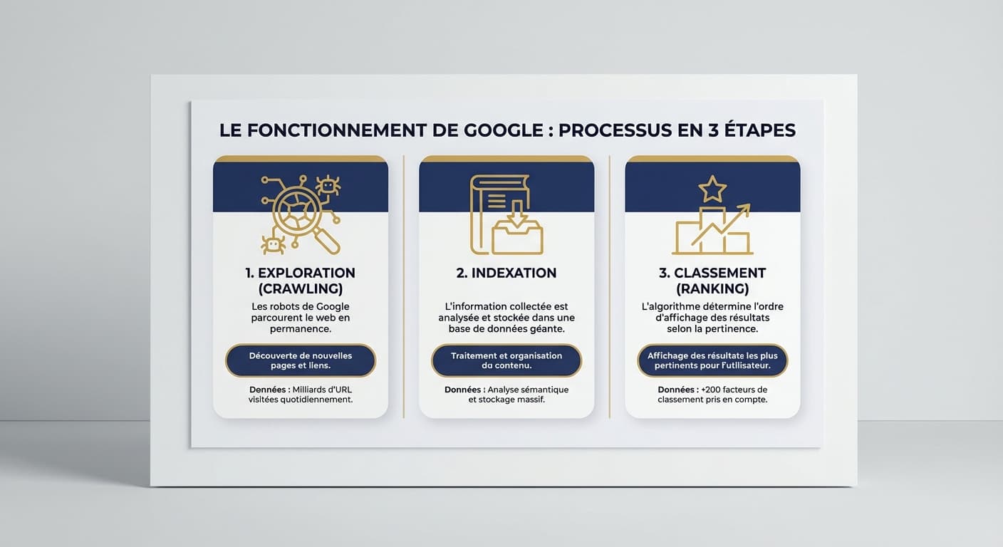 Schéma du fonctionnement de Google en 3 étapes : exploration, indexation, classement