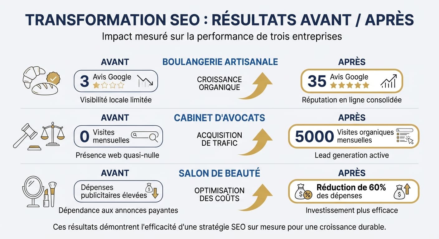 Résultats SEO concrets par métier