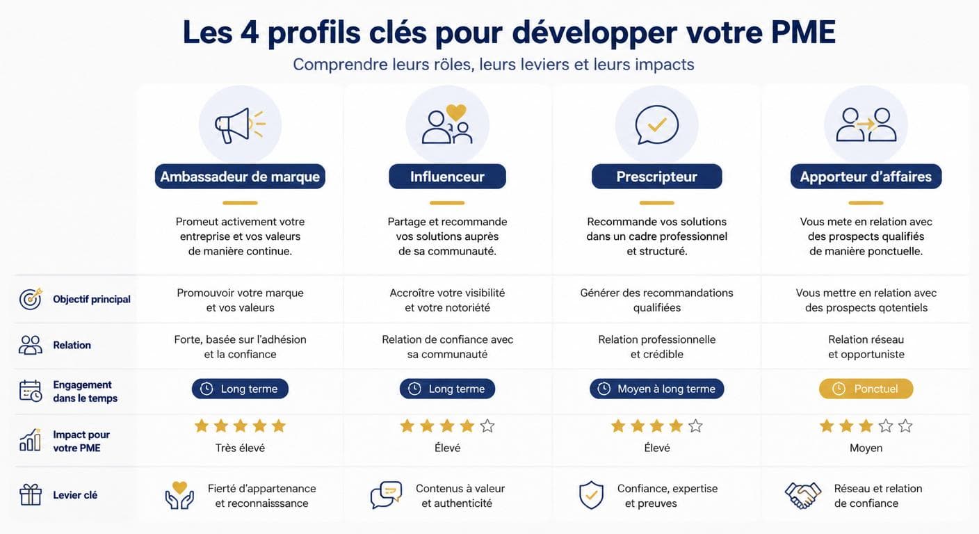 Infographie comparant ambassadeur de marque, influenceur, prescripteur et parrain pour une PME