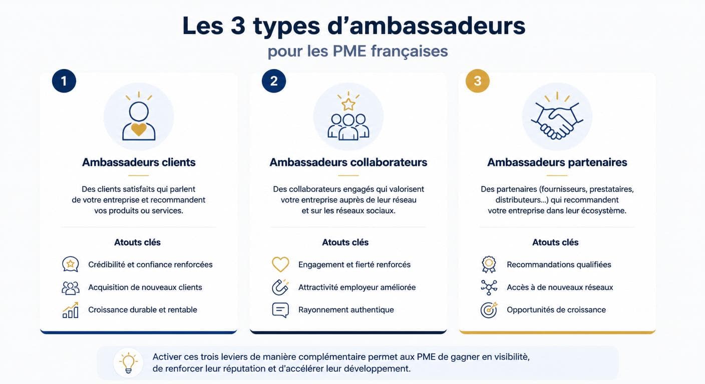 Infographie des trois types d'ambassadeurs adaptés aux PME et TPE