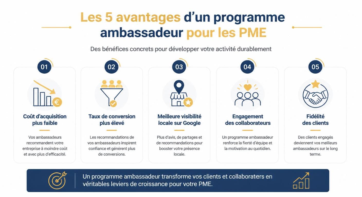 Infographie des cinq bénéfices d'un programme ambassadeurs pour une PME