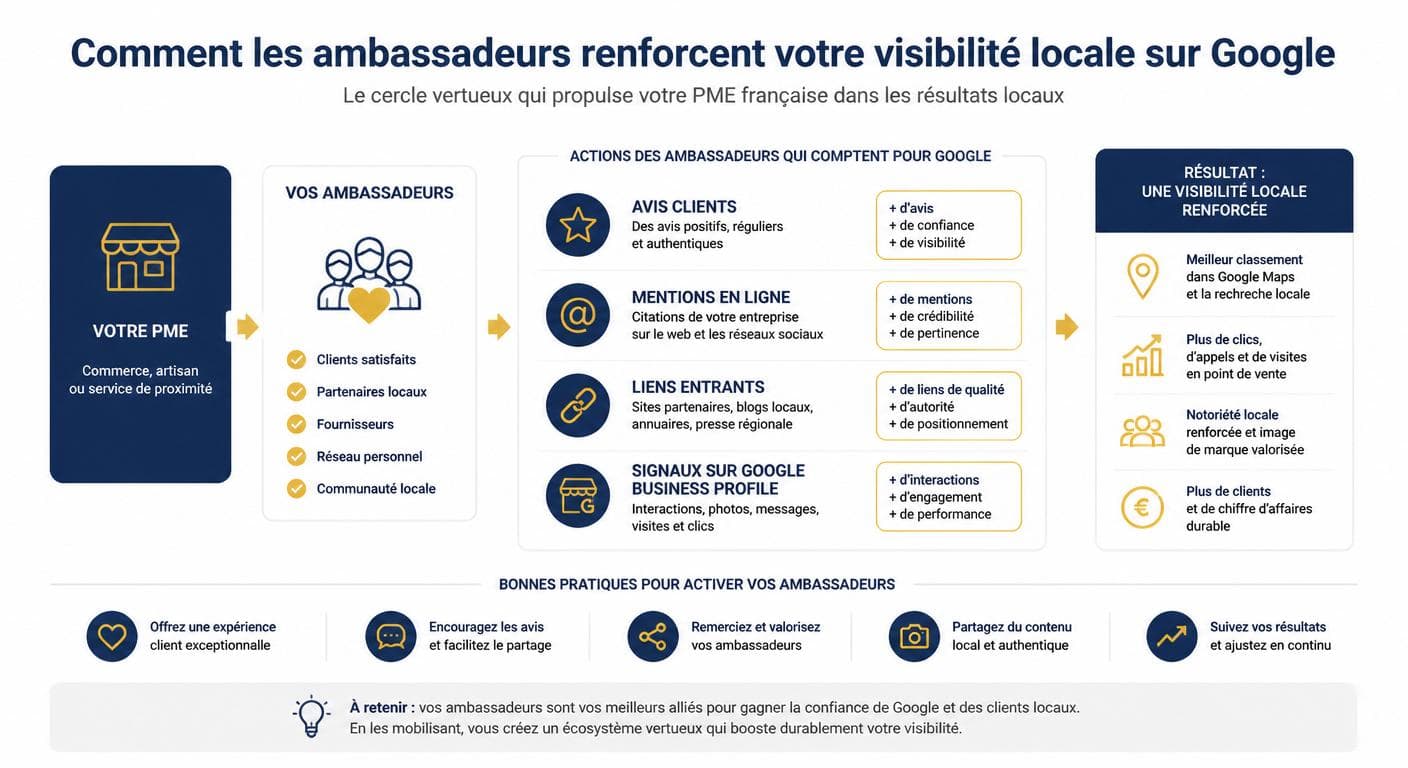 Schéma reliant ambassadeurs de marque et signaux de visibilité Google locale