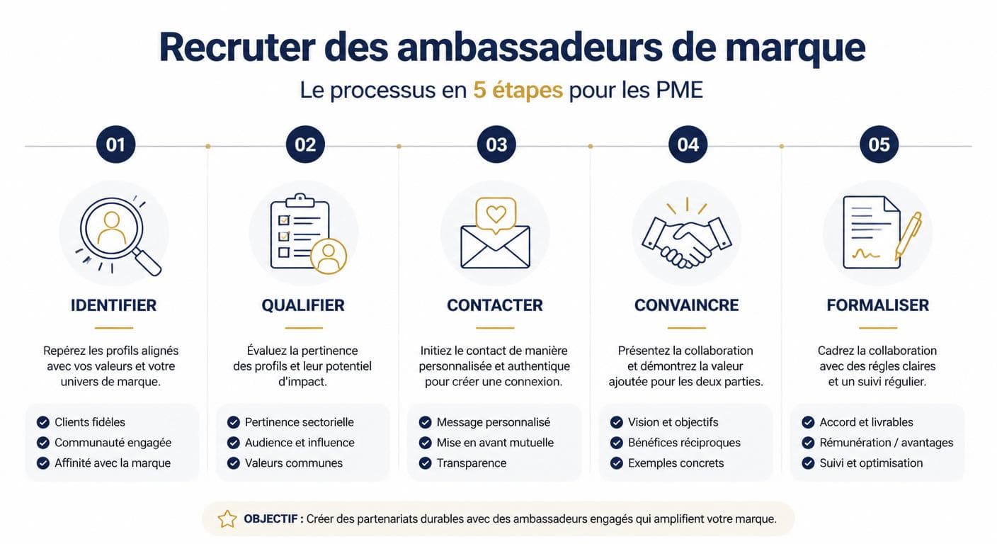 Infographie du processus en 5 étapes pour recruter des ambassadeurs de marque en PME