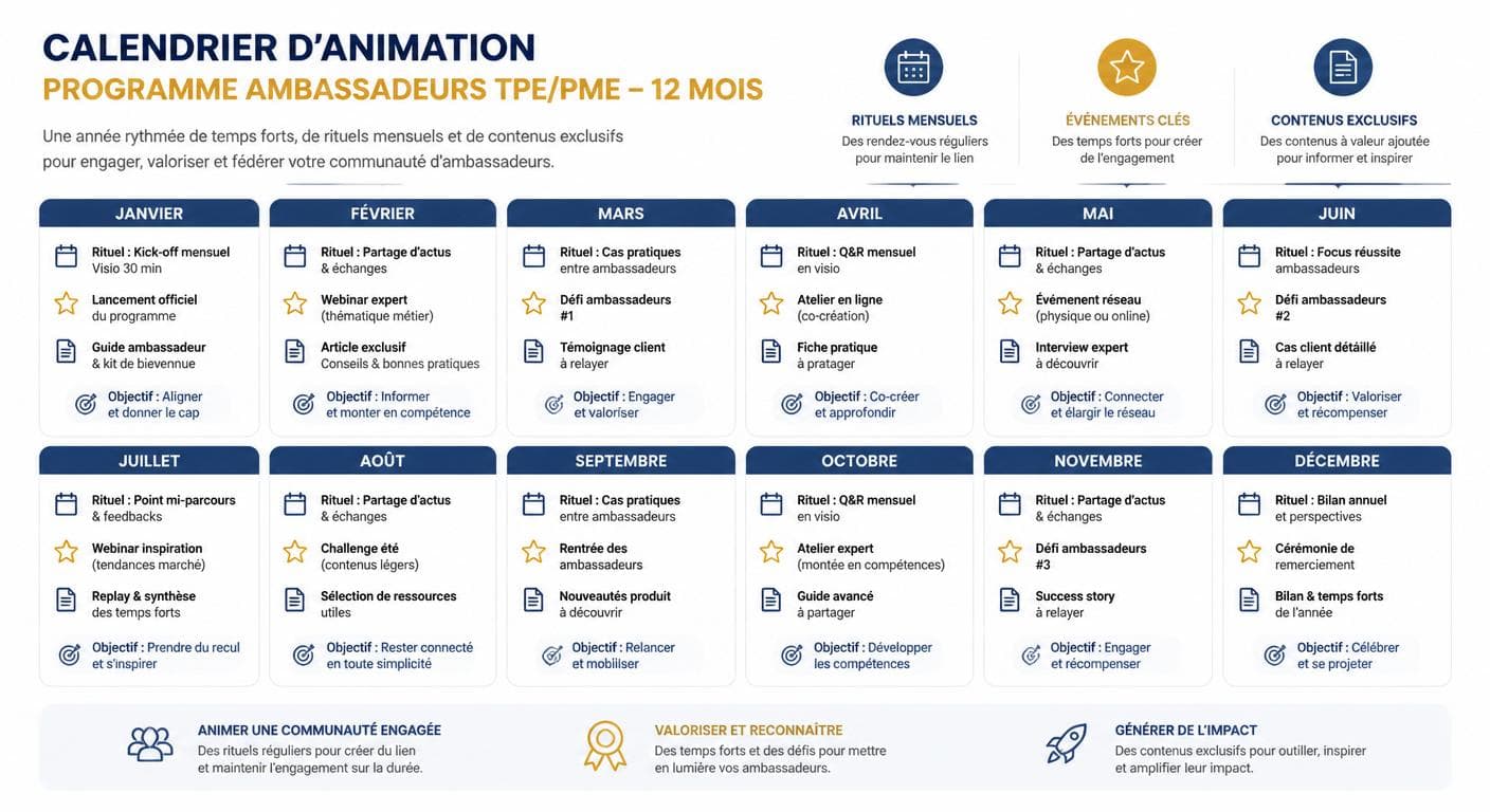 Calendrier d'animation 12 mois d'un programme ambassadeurs PME
