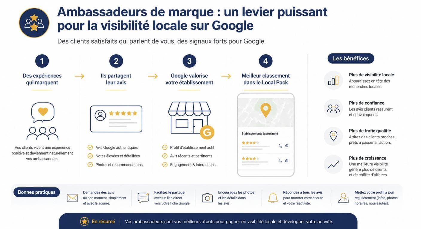 Infographie reliant ambassadeurs de marque et visibilité Google locale