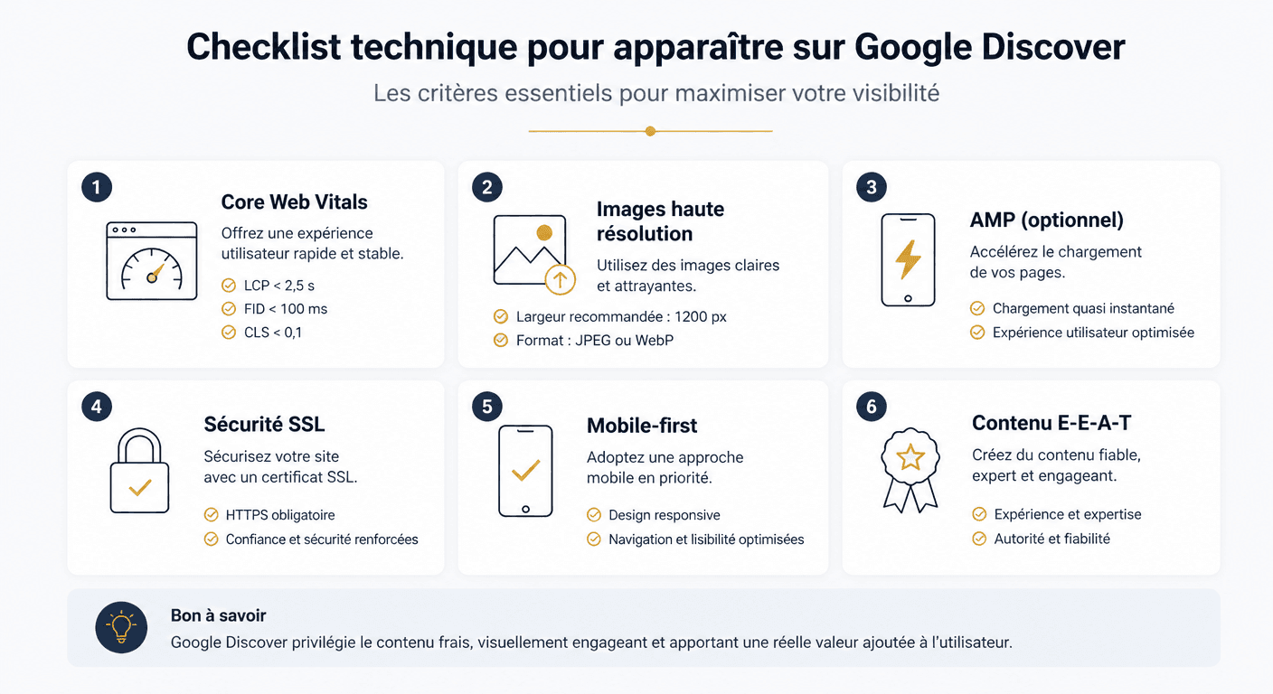 Checklist des critères techniques pour apparaître sur Google Discover