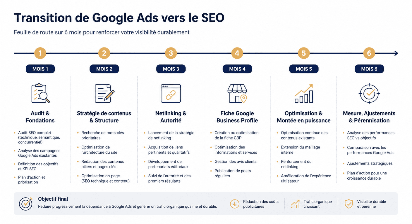 Timeline de transition Google Ads vers SEO sur 6 mois