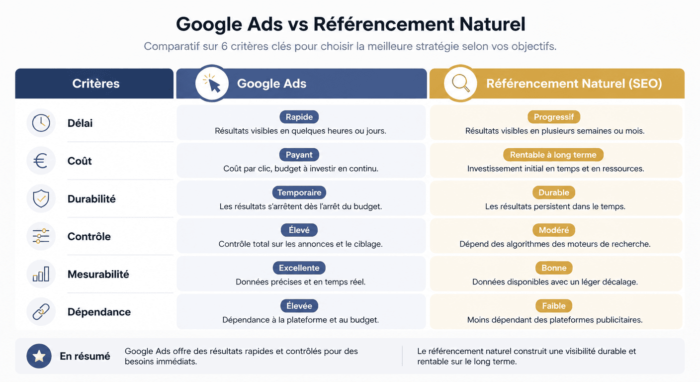 Tableau comparatif Google Ads vs référencement naturel sur 6 critères