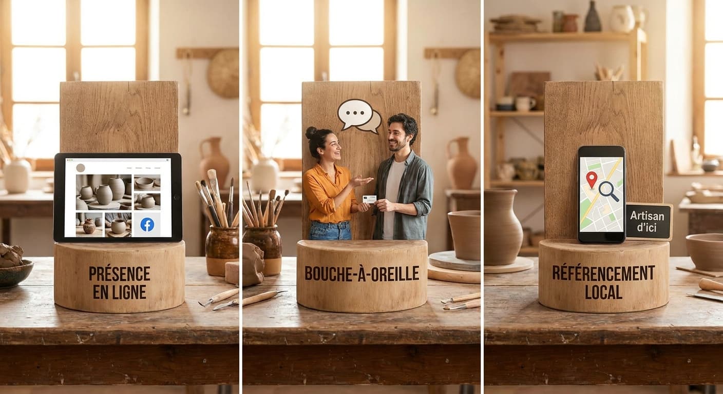 Infographie des 3 piliers de visibilité pour un artisan : présence en ligne, bouche-à-oreille, référencement local