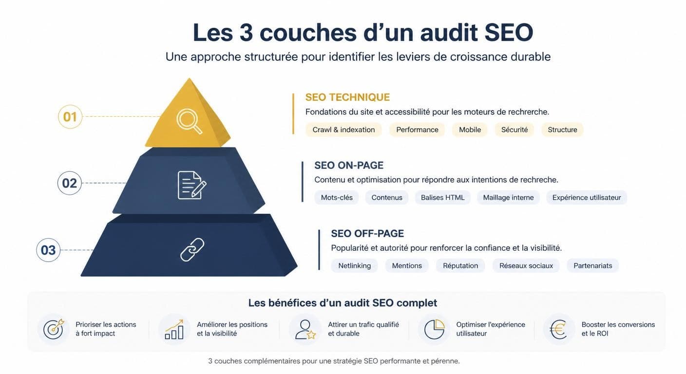 Infographie des trois couches d'un audit SEO complet
