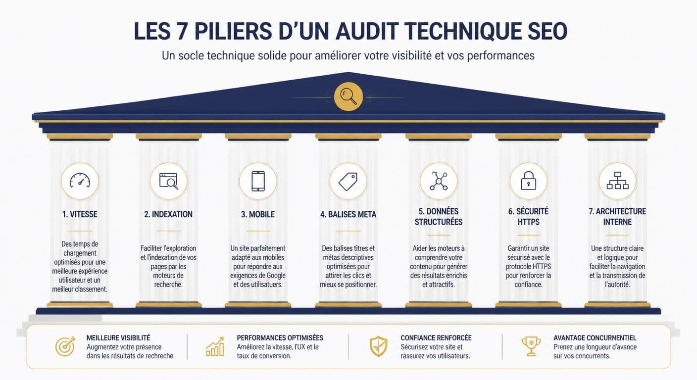 Infographie des 7 piliers d'un audit technique SEO