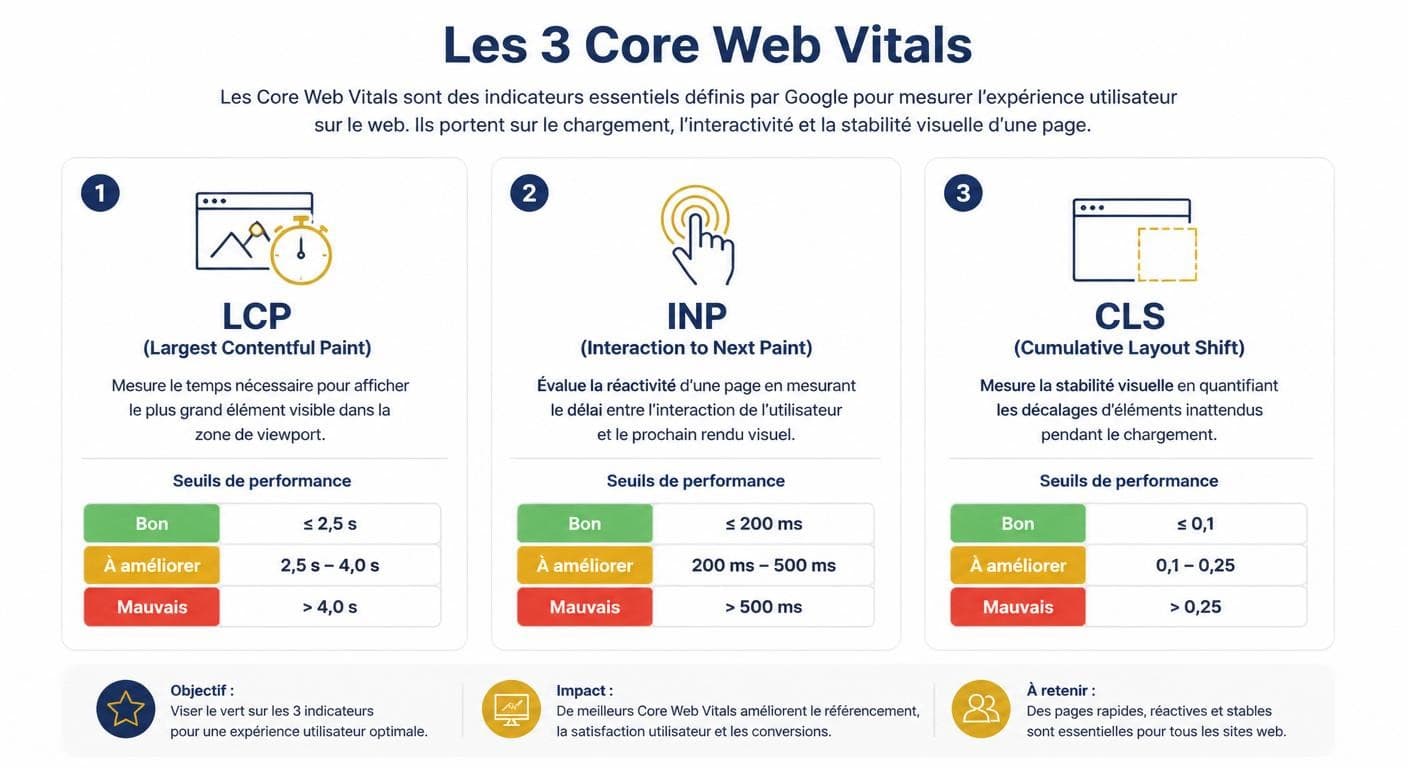 Infographie des trois Core Web Vitals et de leurs seuils
