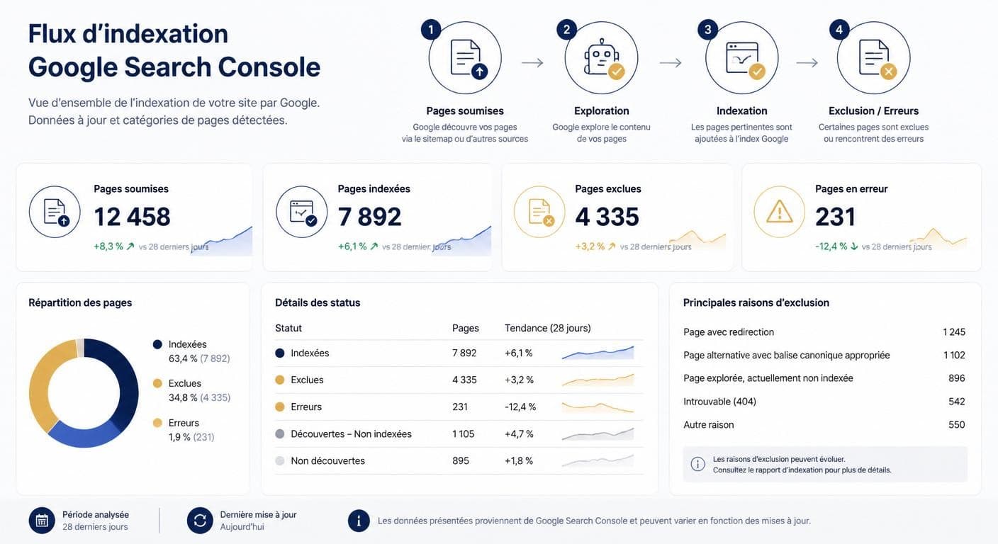 Infographie du parcours d'indexation dans Google Search Console