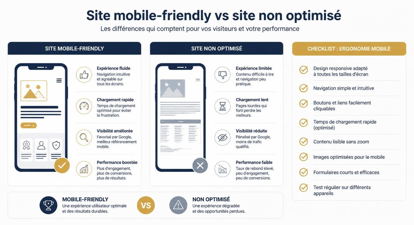 Infographie comparant l'ergonomie mobile d'un site optimisé et d'un site non optimisé