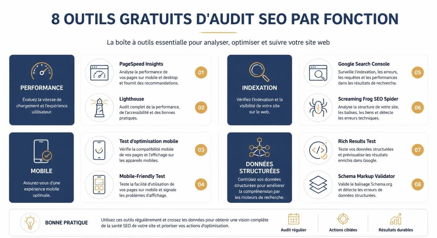 Infographie cartographiant les 8 outils gratuits d'audit SEO par fonction