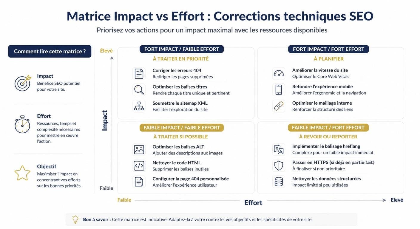 Infographie d'une matrice impact/effort pour prioriser les corrections SEO