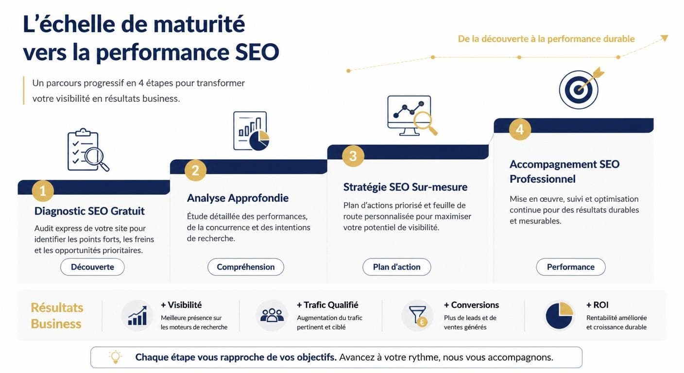 Infographie de l'échelle de maturité, du diagnostic gratuit à l'accompagnement professionnel