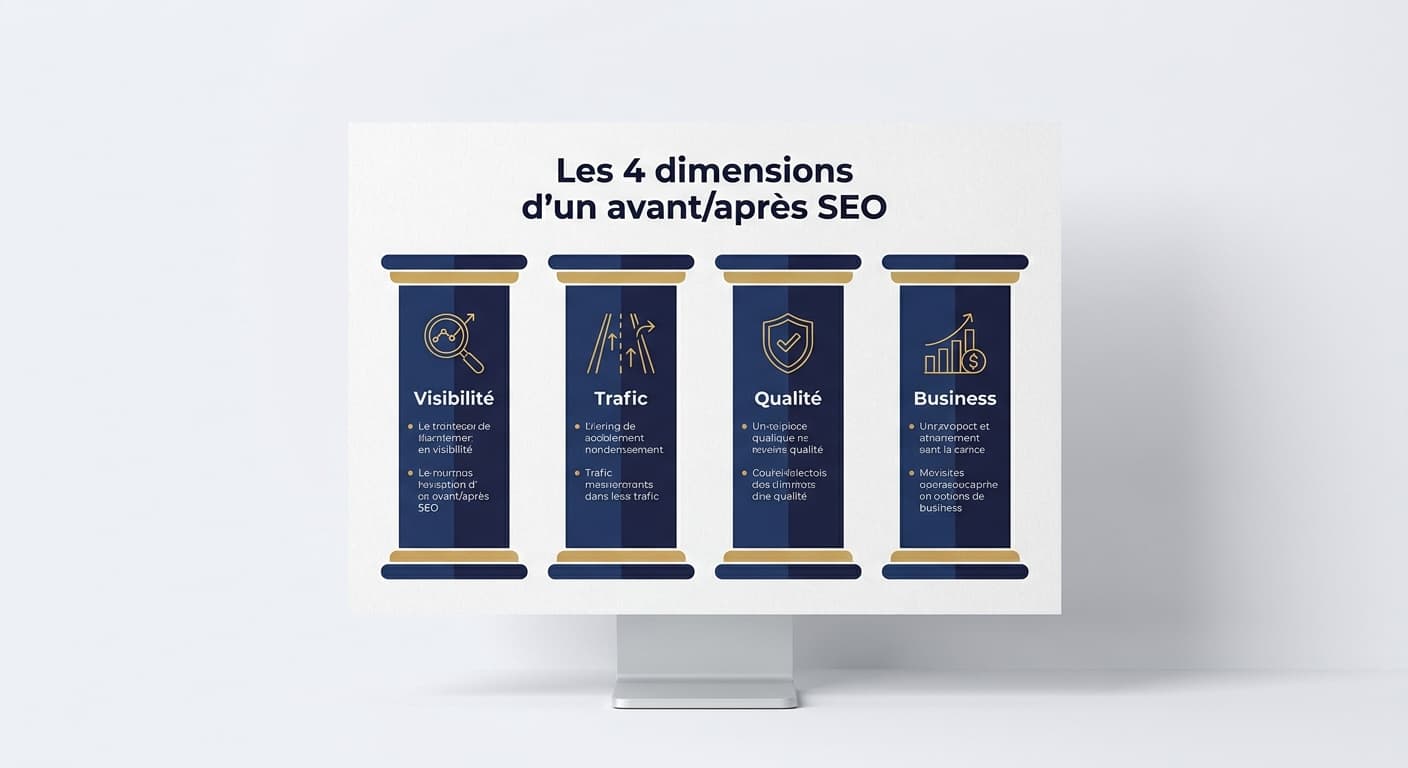 Schéma des quatre dimensions d'un avant/après en référencement