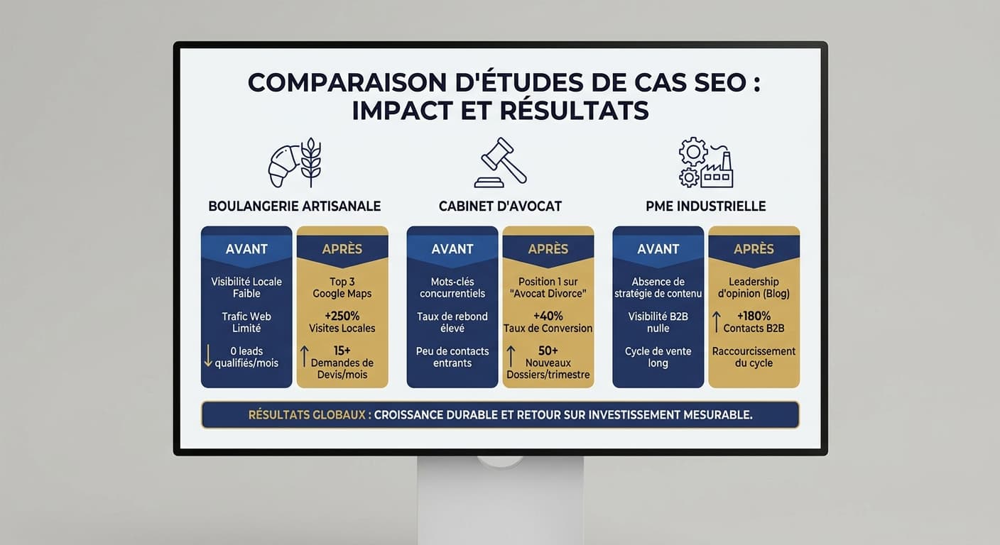 Comparatif visuel de trois études de cas avant/après en référencement