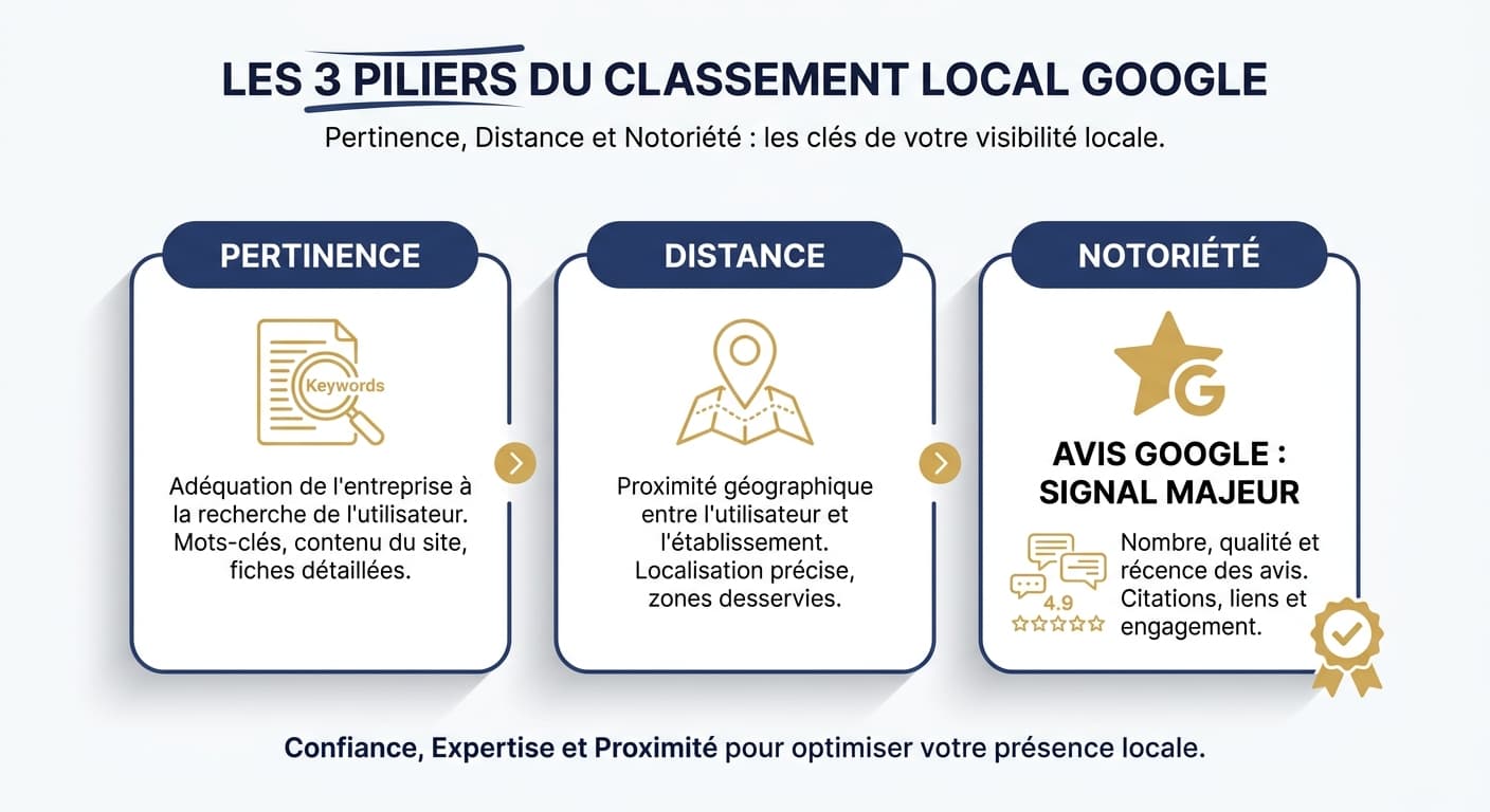 Infographie des trois piliers du référencement local Google avec les avis