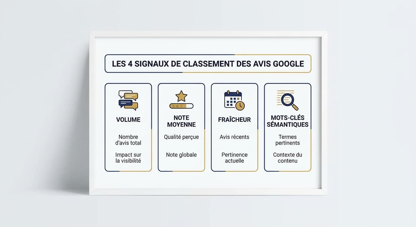 Infographie des quatre signaux des avis Google sur le référencement local