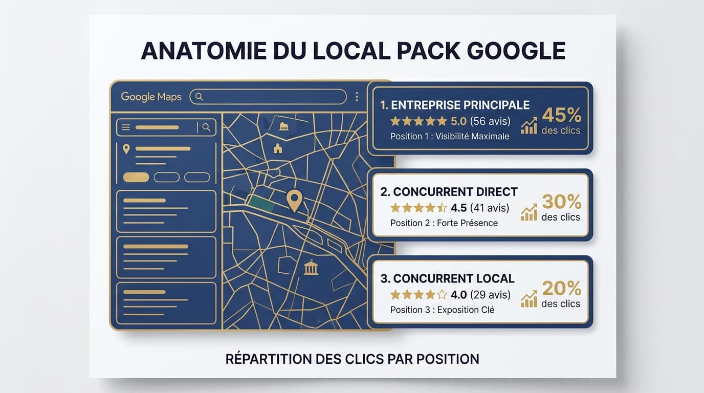 Infographie du Local Pack Google avec les trois entreprises et la répartition des clics