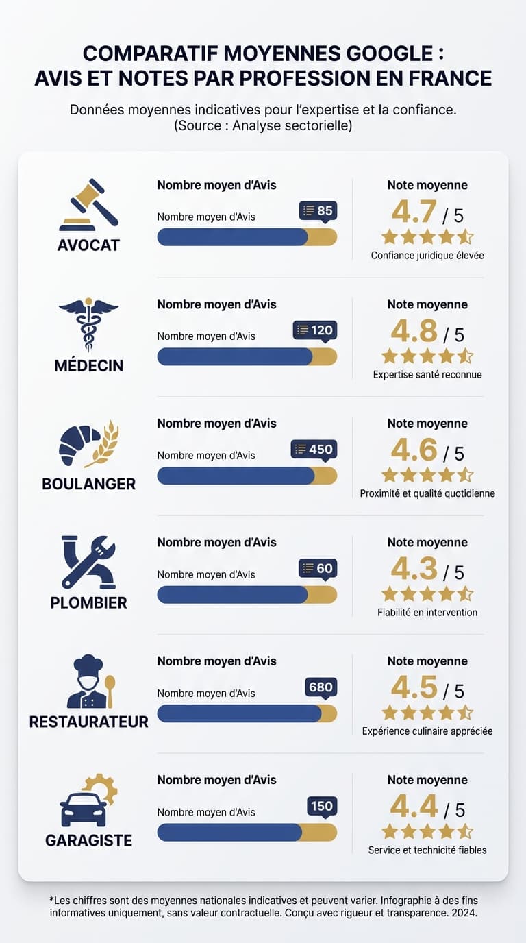Infographie comparative du nombre moyen d'avis Google par profession en France