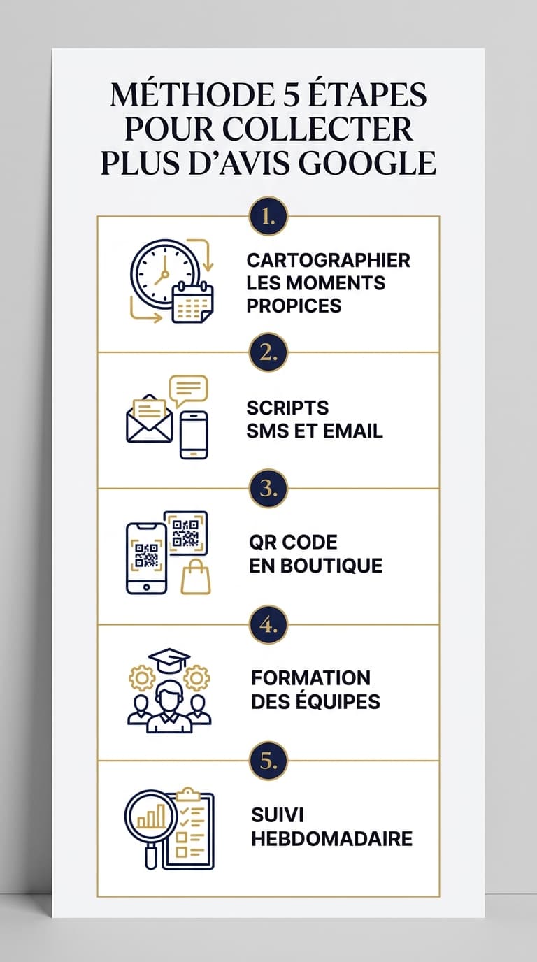 Infographie de la méthode en cinq étapes pour collecter plus d'avis Google