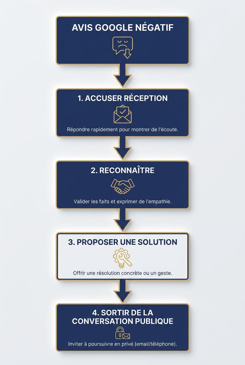 Infographie de l'arbre de décision pour répondre aux avis Google négatifs