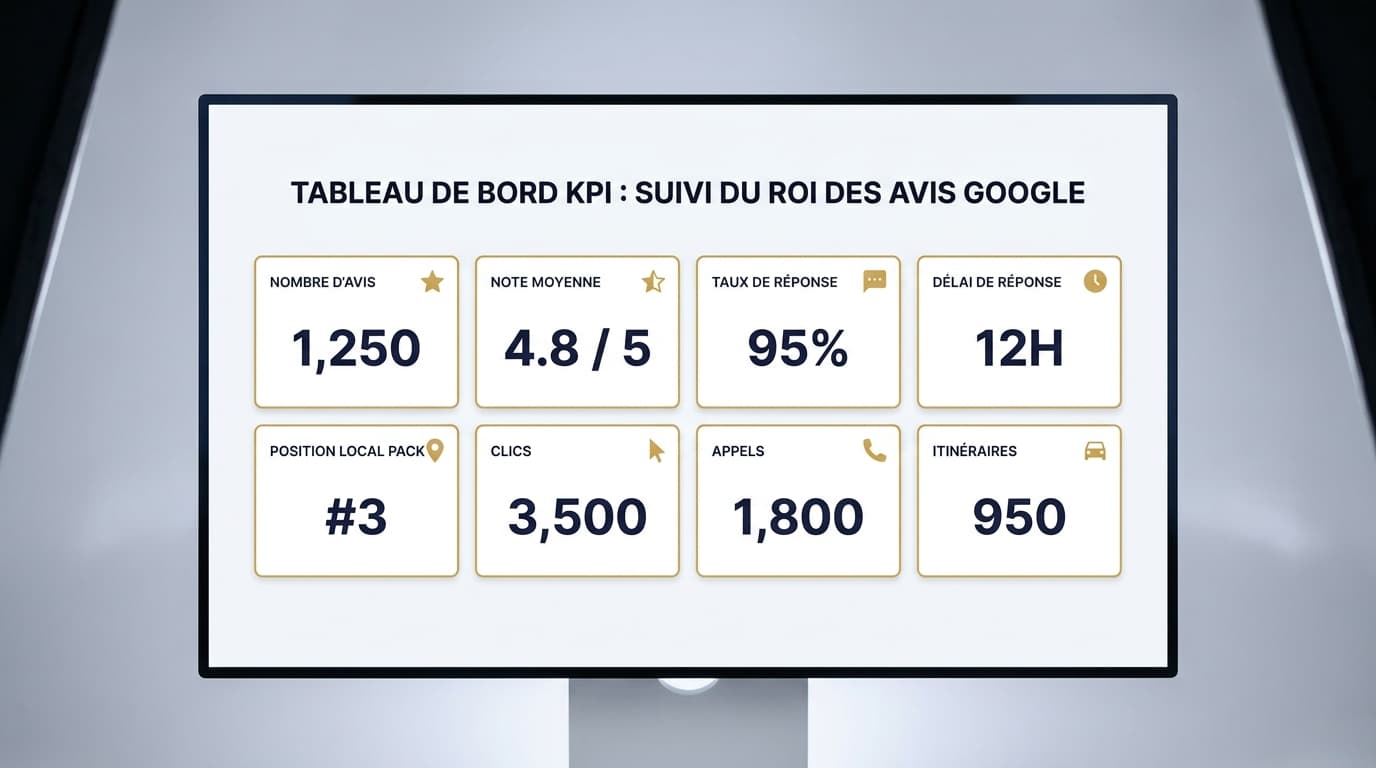 Infographie d'un tableau de bord à huit indicateurs pour mesurer le ROI des avis Google