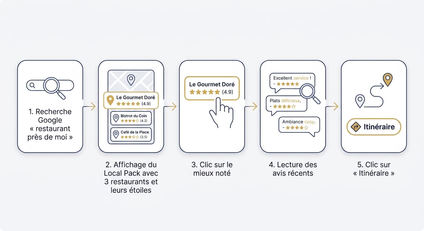 Infographie montrant le parcours d'un client pour choisir un restaurant via les avis Google