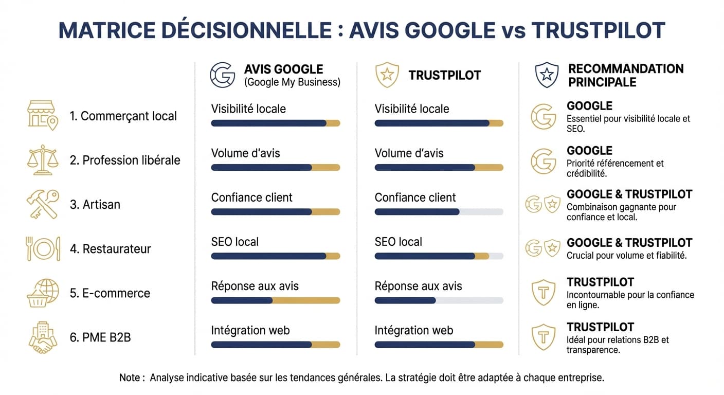 Matrice décisionnelle pour choisir entre avis Google et Trustpilot selon votre métier