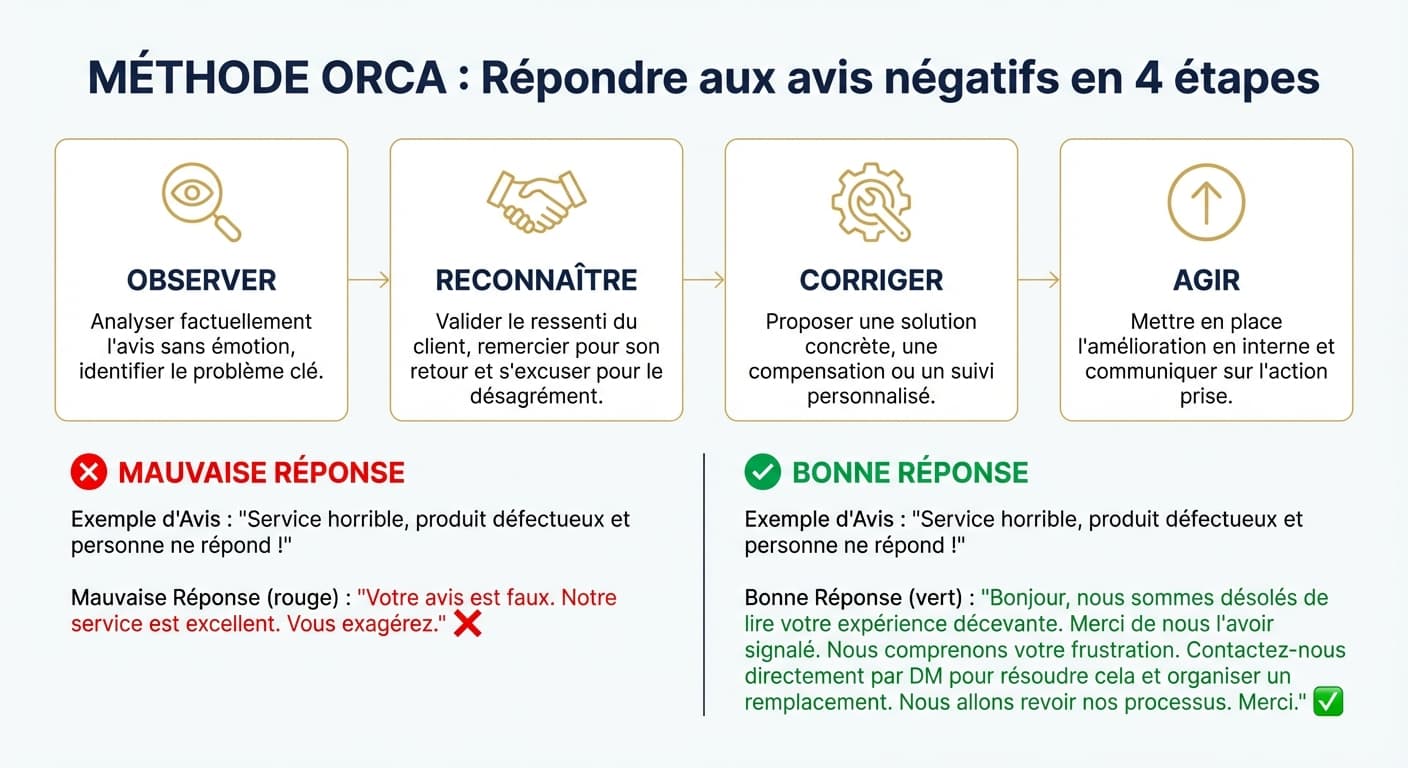 Méthode ORCA pour répondre aux avis négatifs : 4 étapes illustrées avec exemples