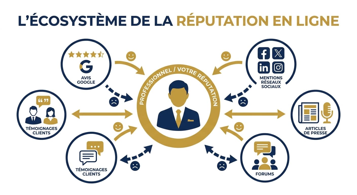Infographie montrant l'écosystème de la e-réputation en ligne pour un professionnel