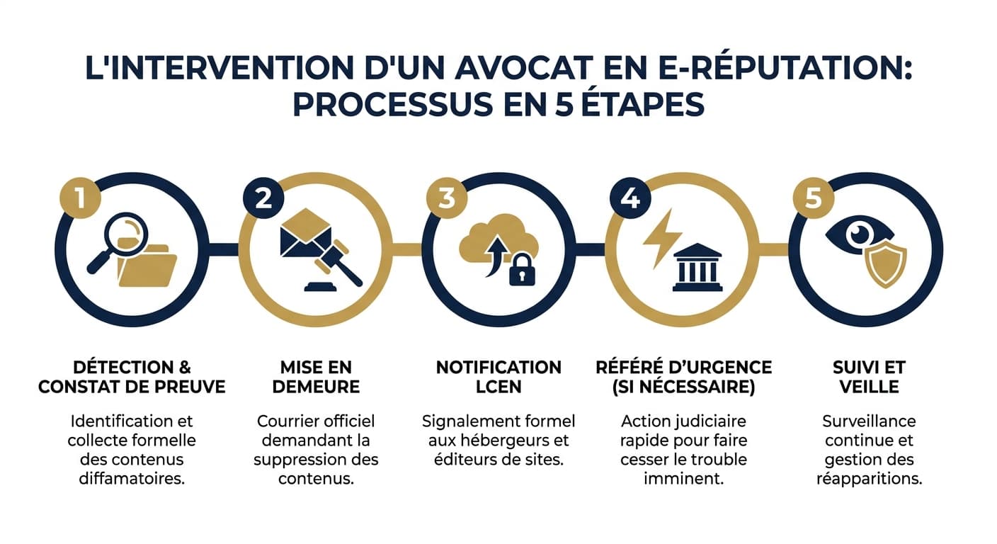 Frise chronologique des étapes d'intervention d'un avocat e-réputation