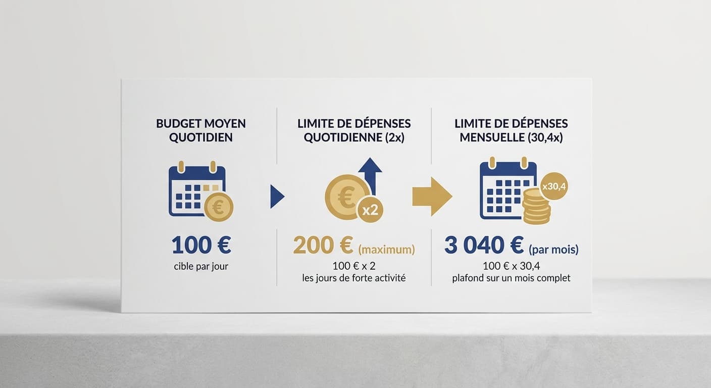 Schéma des trois plafonds budgétaires Google Ads en euros