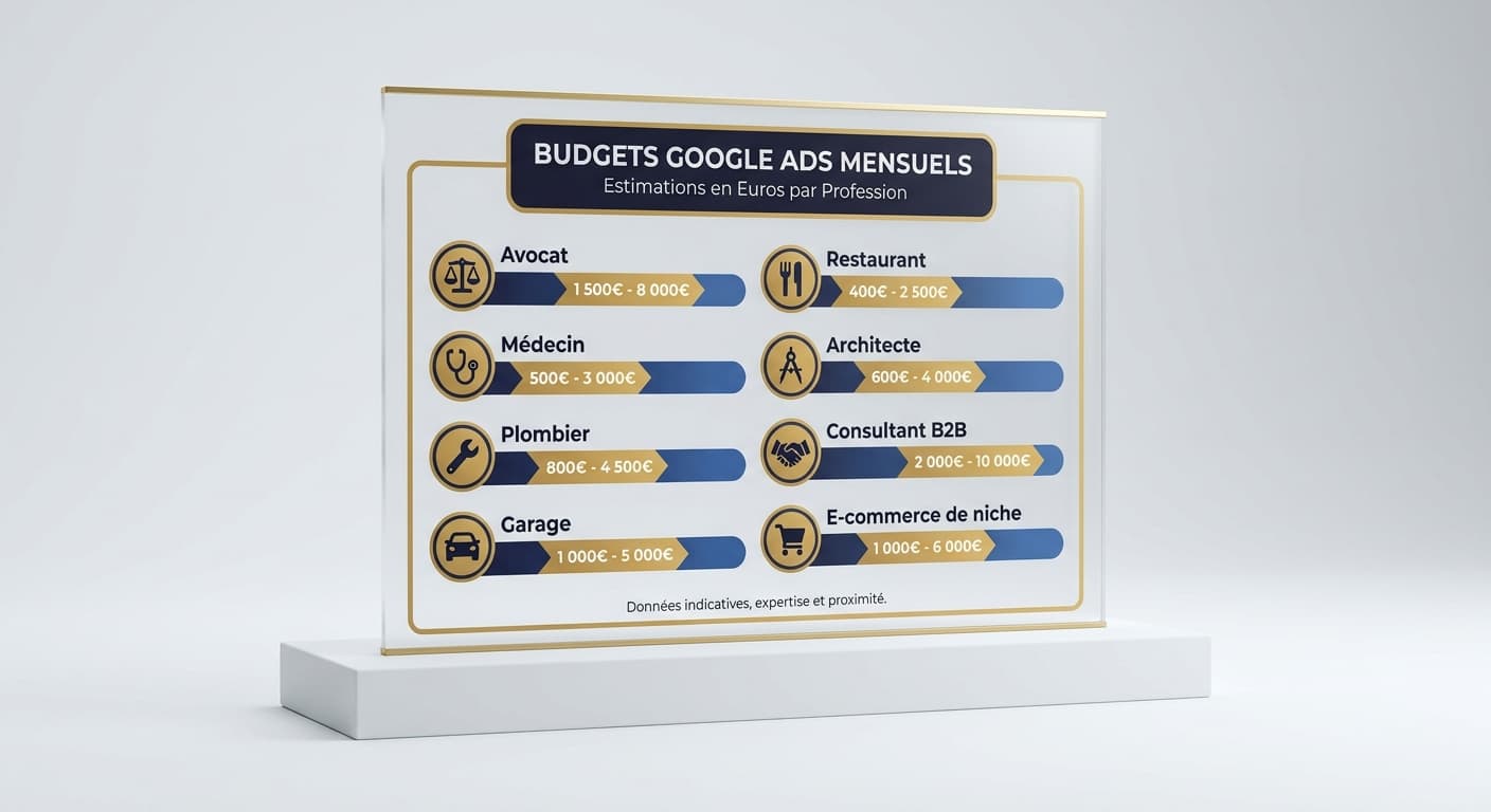 Infographie des fourchettes budgétaires Google Ads par métier français